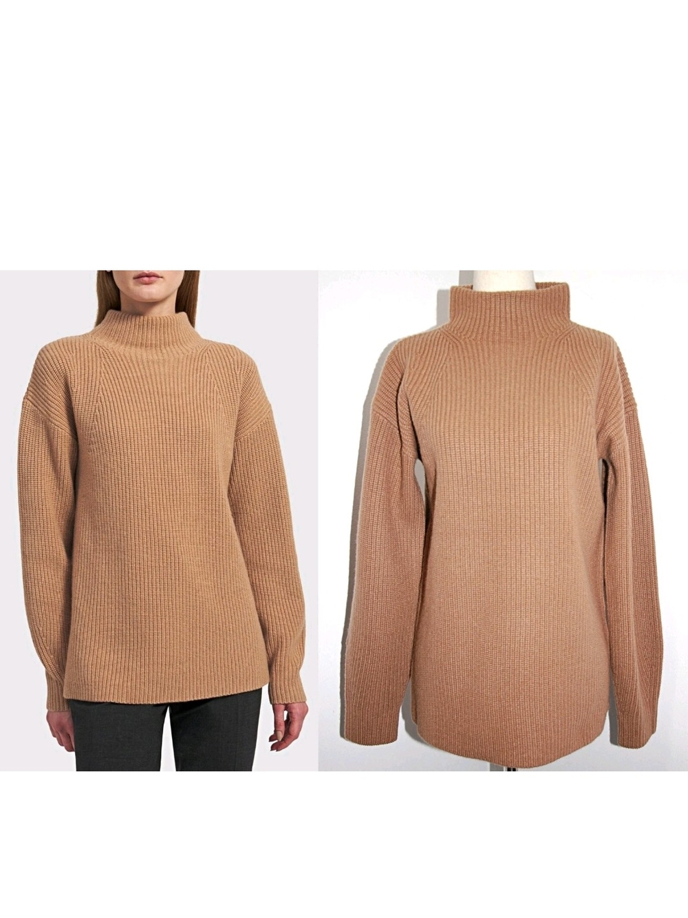 Theory Ribbed High-Neck Cashmere Camel Sweater